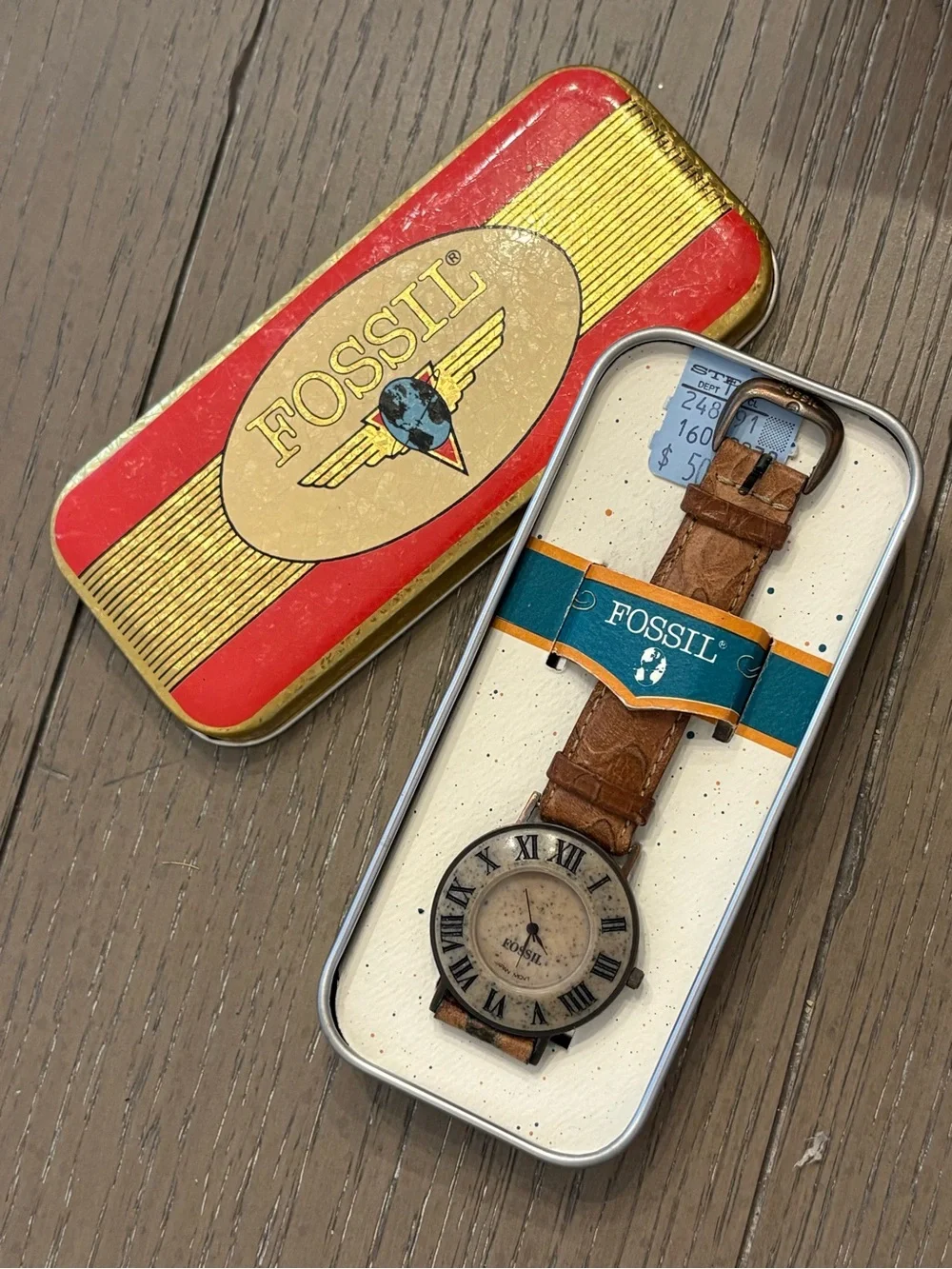 Vintage Fossil Women’s Stone face and brown leather strap Watch